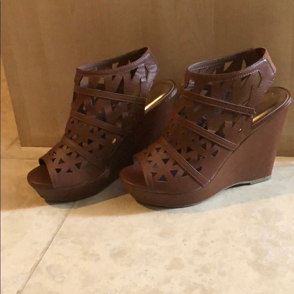 Madden Girl Tan Peep Toe Wedges